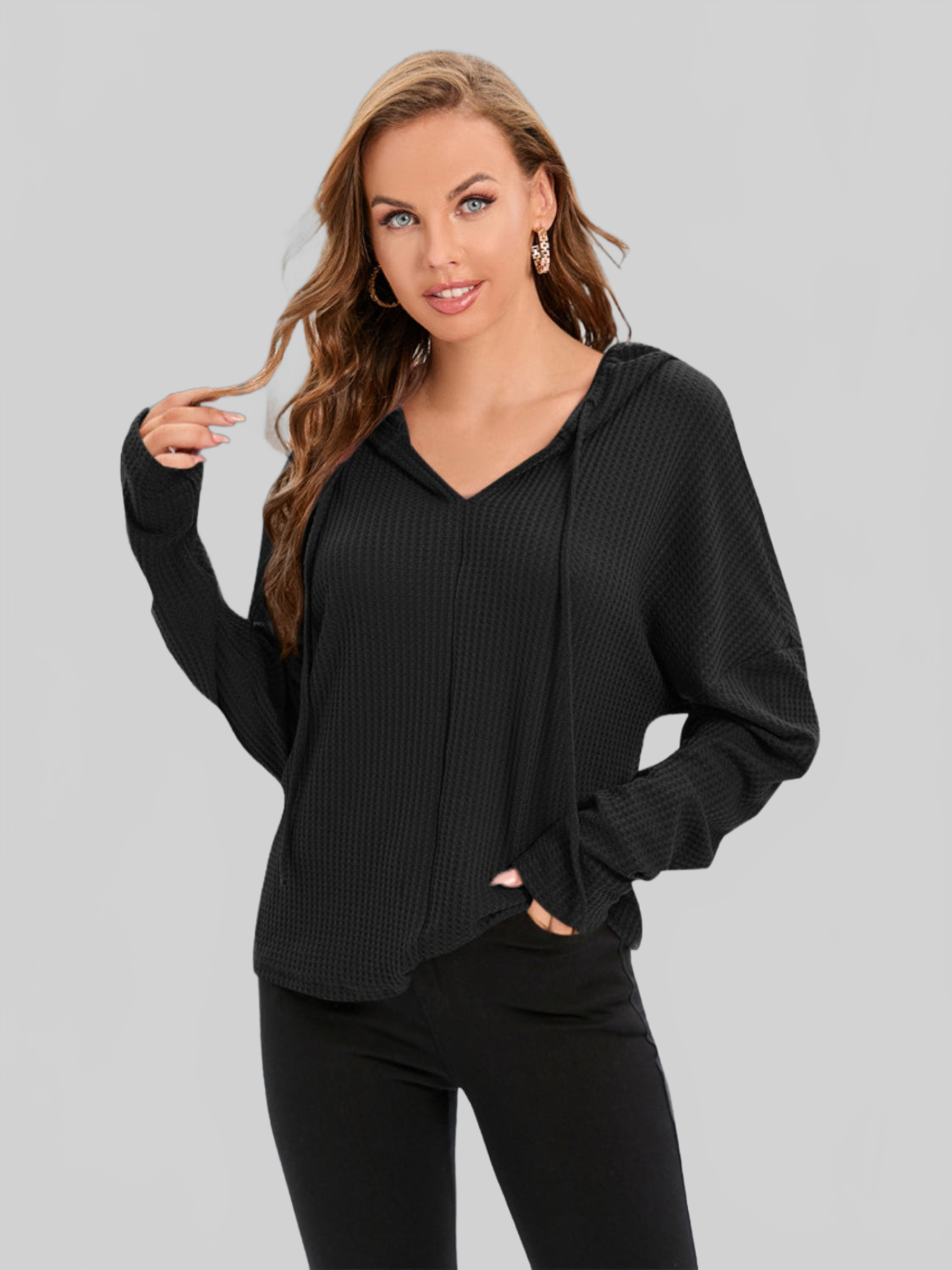 Waffle-Knit Drawstring Drop Shoulder Hoodie NicholesGifts