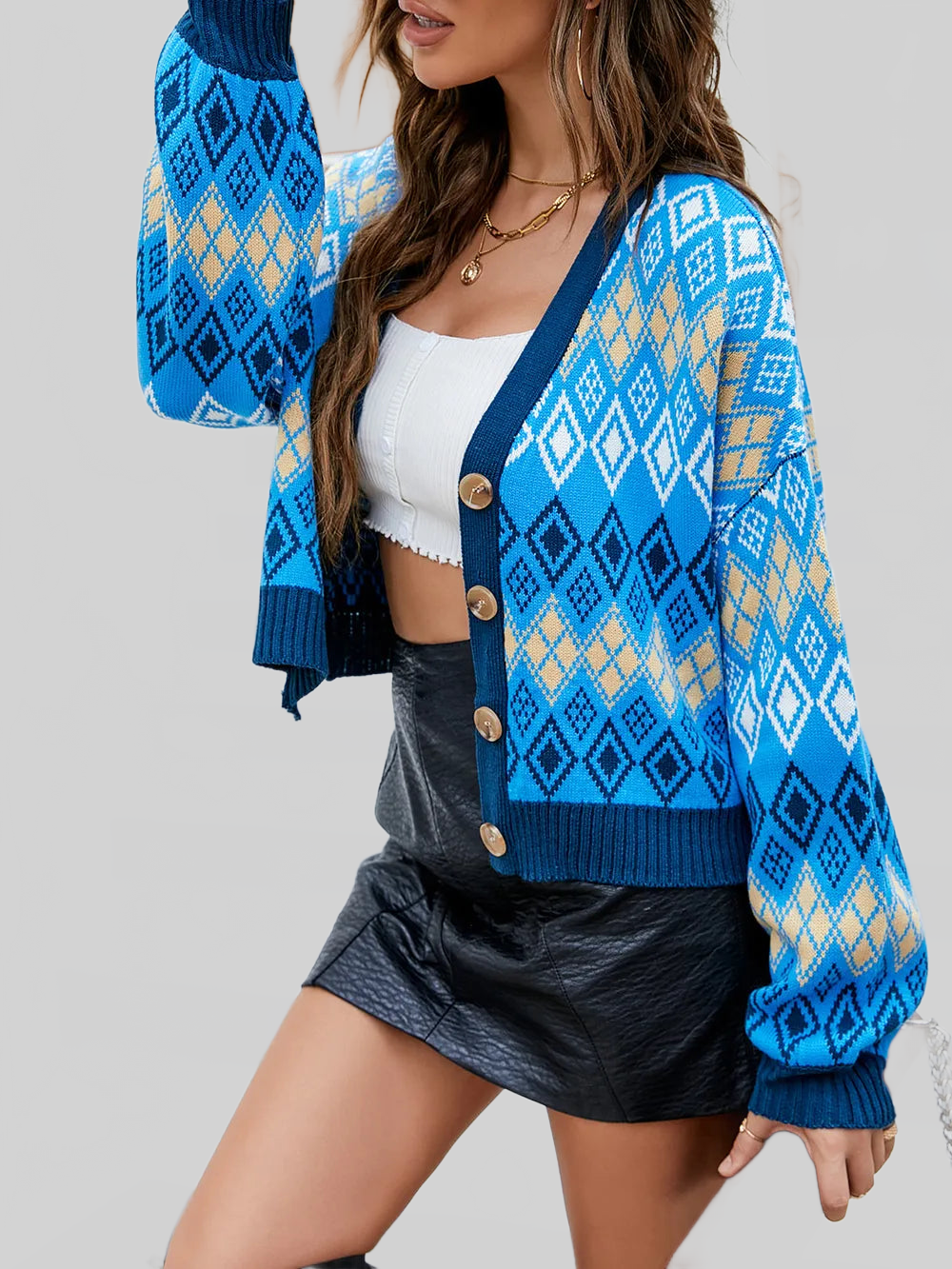 Women Geometric Button Up Dropped Shoulder Cardigan nicholesgifts