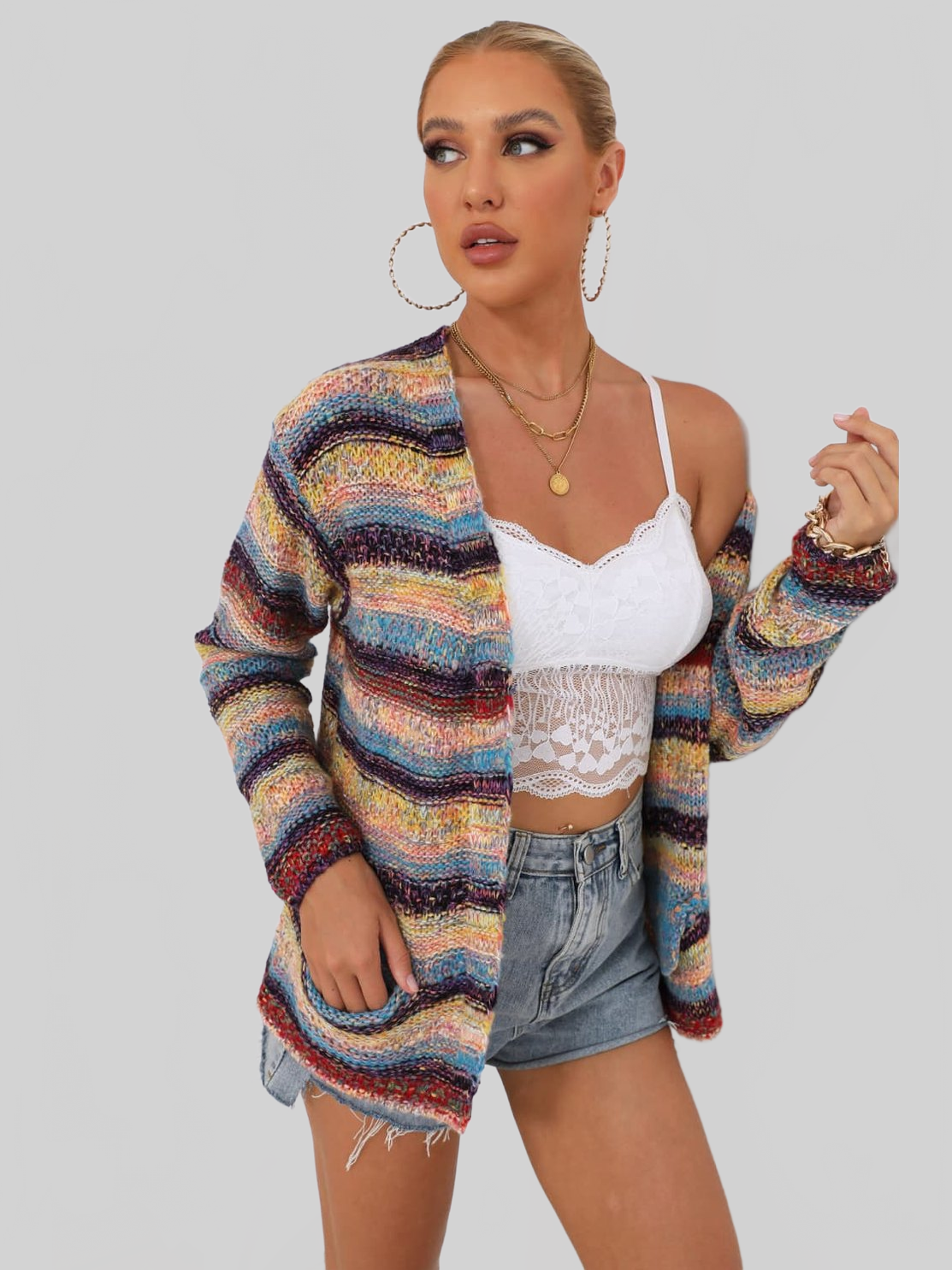 Striped Long Sleeve Open Front Cardigan nicholesgifts