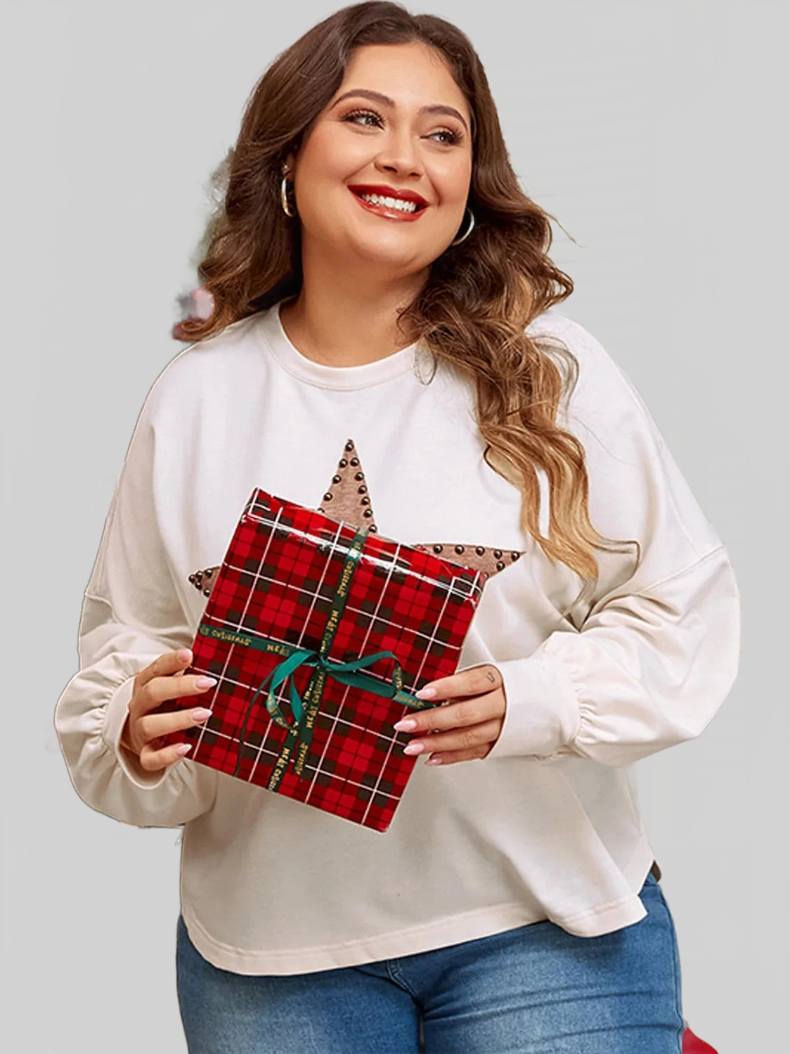 Women Plus Size Studded Star Round Neck Long Sleeve Blouse nicholesgifts