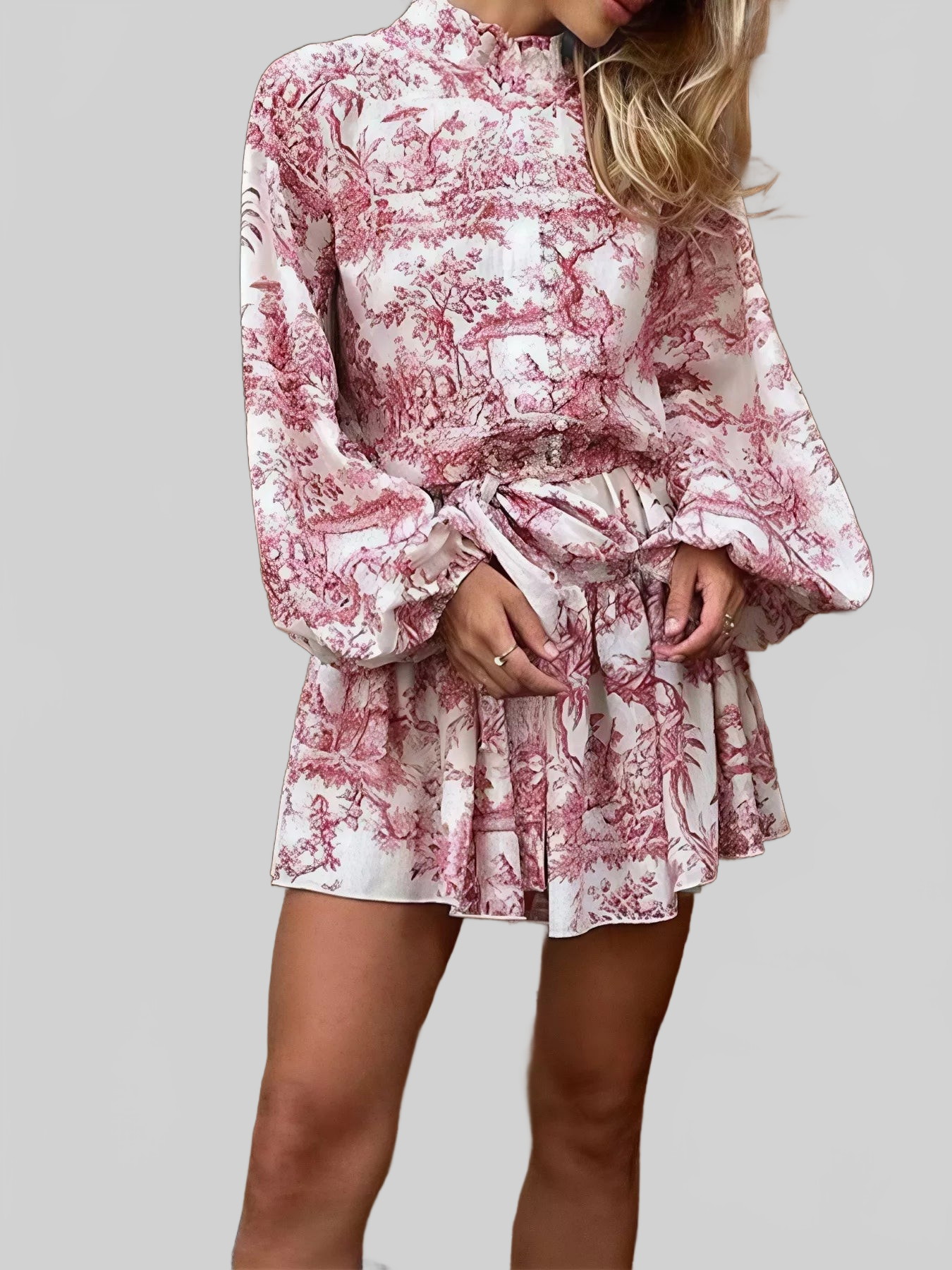 Women Printed Balloon Sleeve Tie Waist Dress nicholesgifts