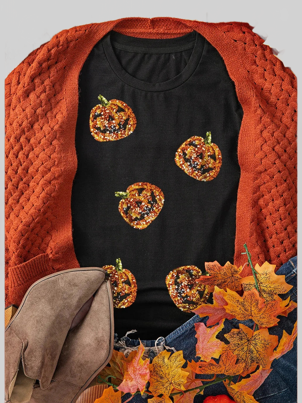 Sequin Pumpkin Round Neck Short Sleeve T-Shirt nicholesgifts
