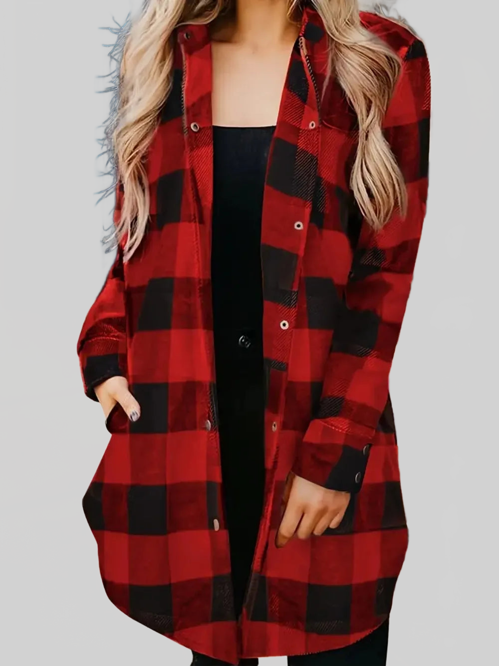 Plaid Collared Neck Snap Down Long Sleeve Jacket nicholesgifts