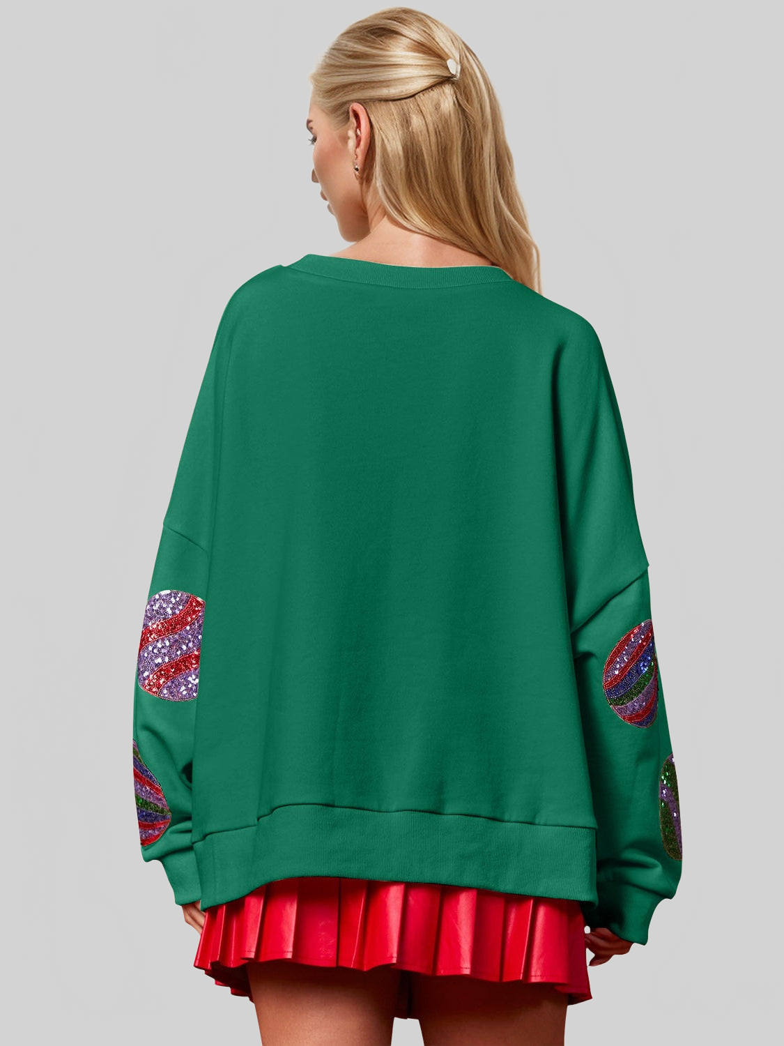 Women Double Take Christmas Element Sequin Round Neck Long Sleeve Sweatshirt nicholesgifts