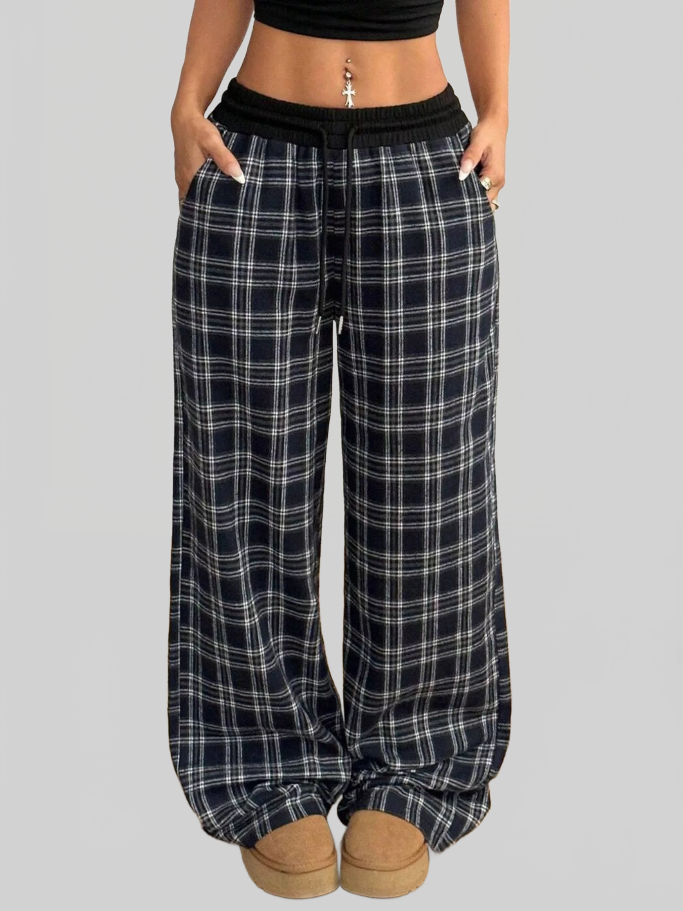 Women Plaid Wide-Leg Pants with Elastic Waistband nicholesgifts