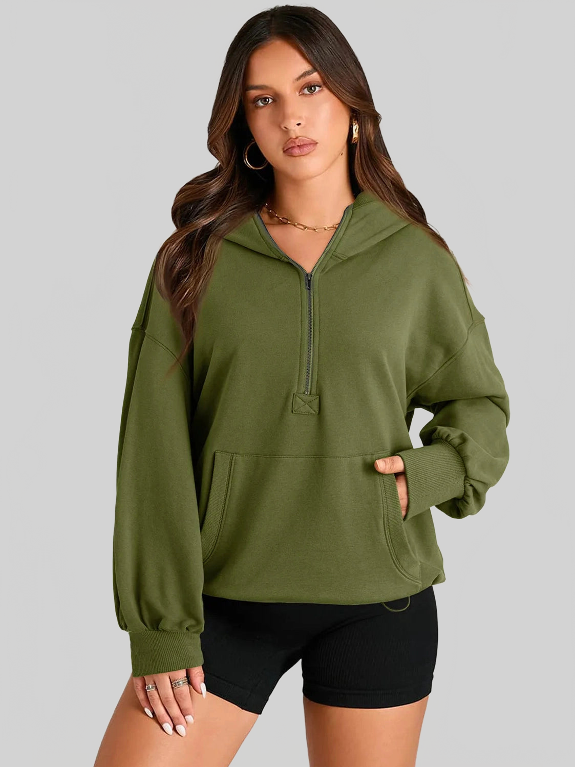 Pocketed Half Zip Long Sleeve Hoodie NicholesGifts