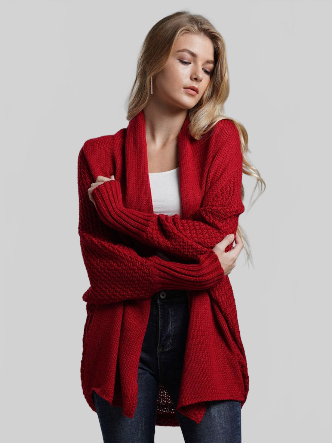 Dolman Sleeve Open Front Ribbed Trim Longline Cardigan nicholesgifts