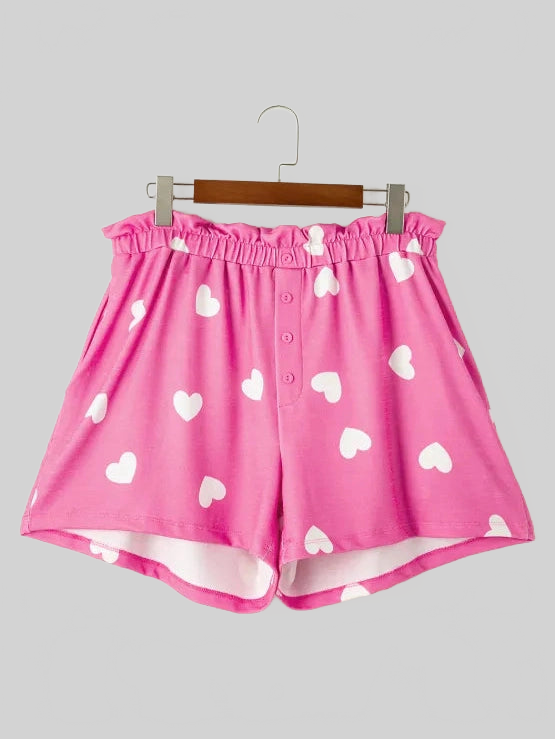 Heart Round Neck Long Sleeve Top and Elastic Waist Shorts Set nicholesgifts