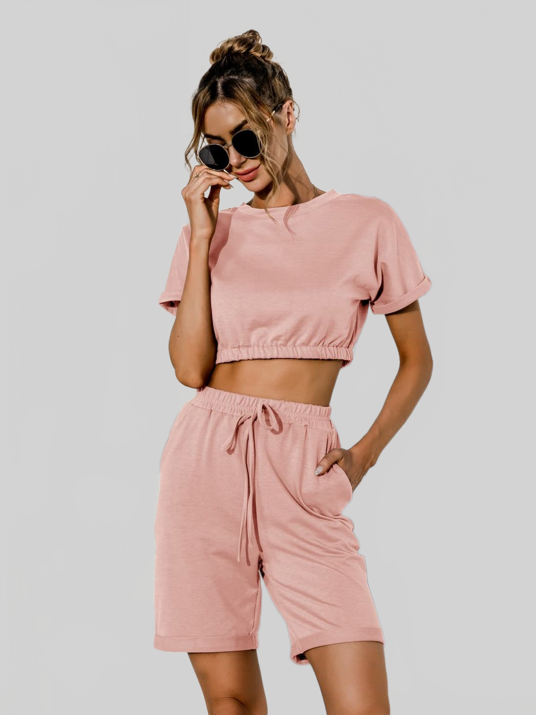Short Sleeve Cropped Top and Drawstring Shorts Lounge Set nicholesgifts