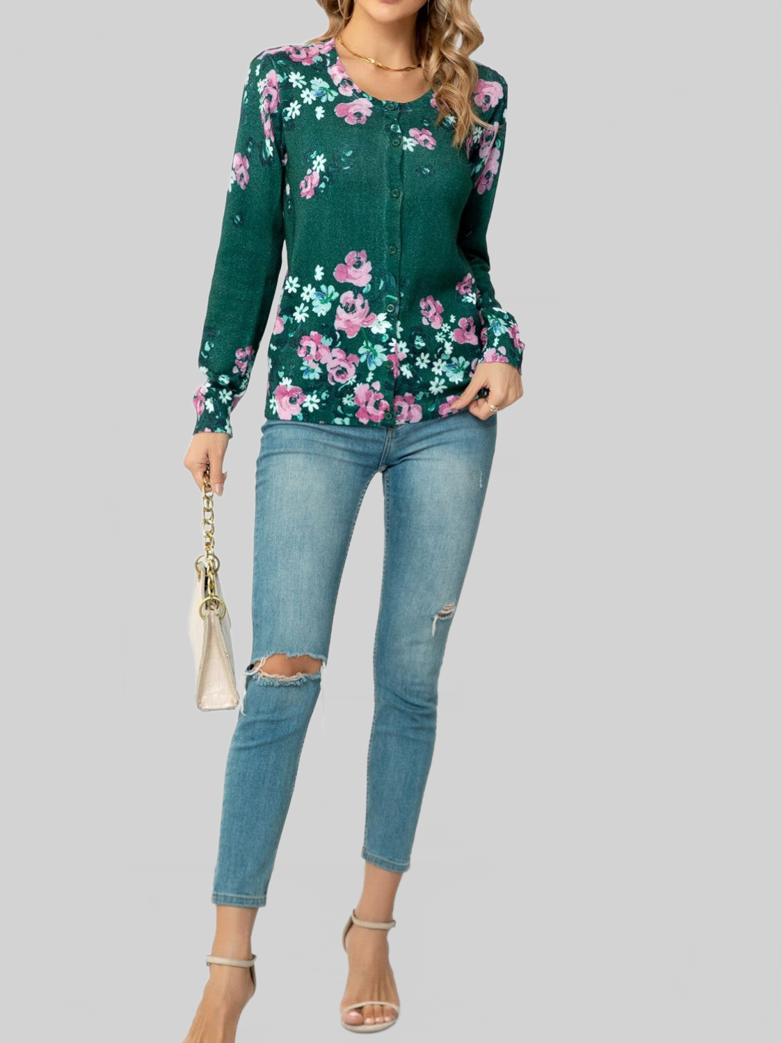 Woven Right Floral Button Front Round Neck Cardigan nicholesgifts