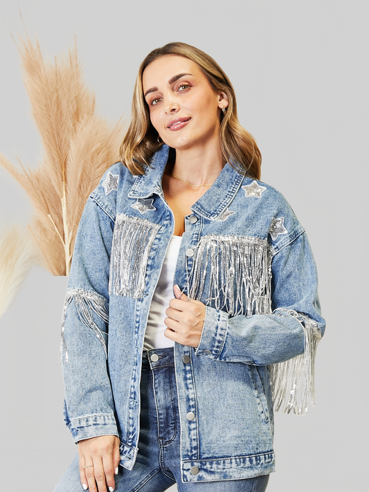 Fringe Detail Long Sleeve Denim Jacket nicholesgifts