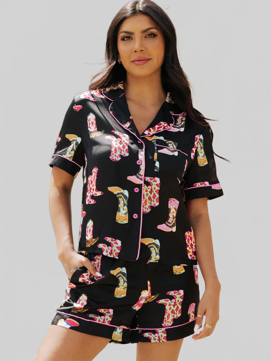 Printed Button Up Short Sleeve Top and Shorts Lounge Set nicholesgifts