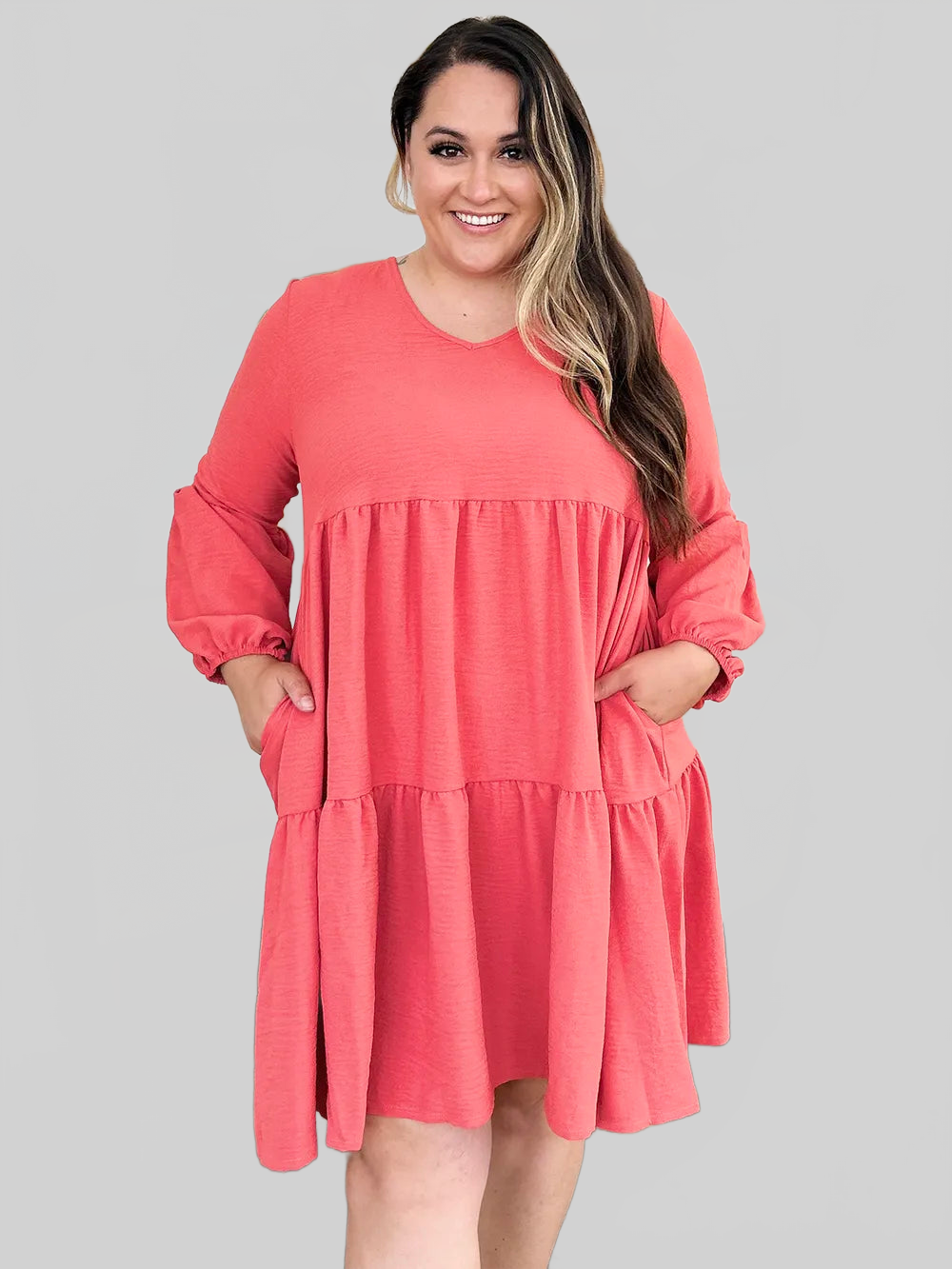 Double Take Full Size V-Neck Balloon Sleeve Tiered Dress with Pockets nicholesgifts