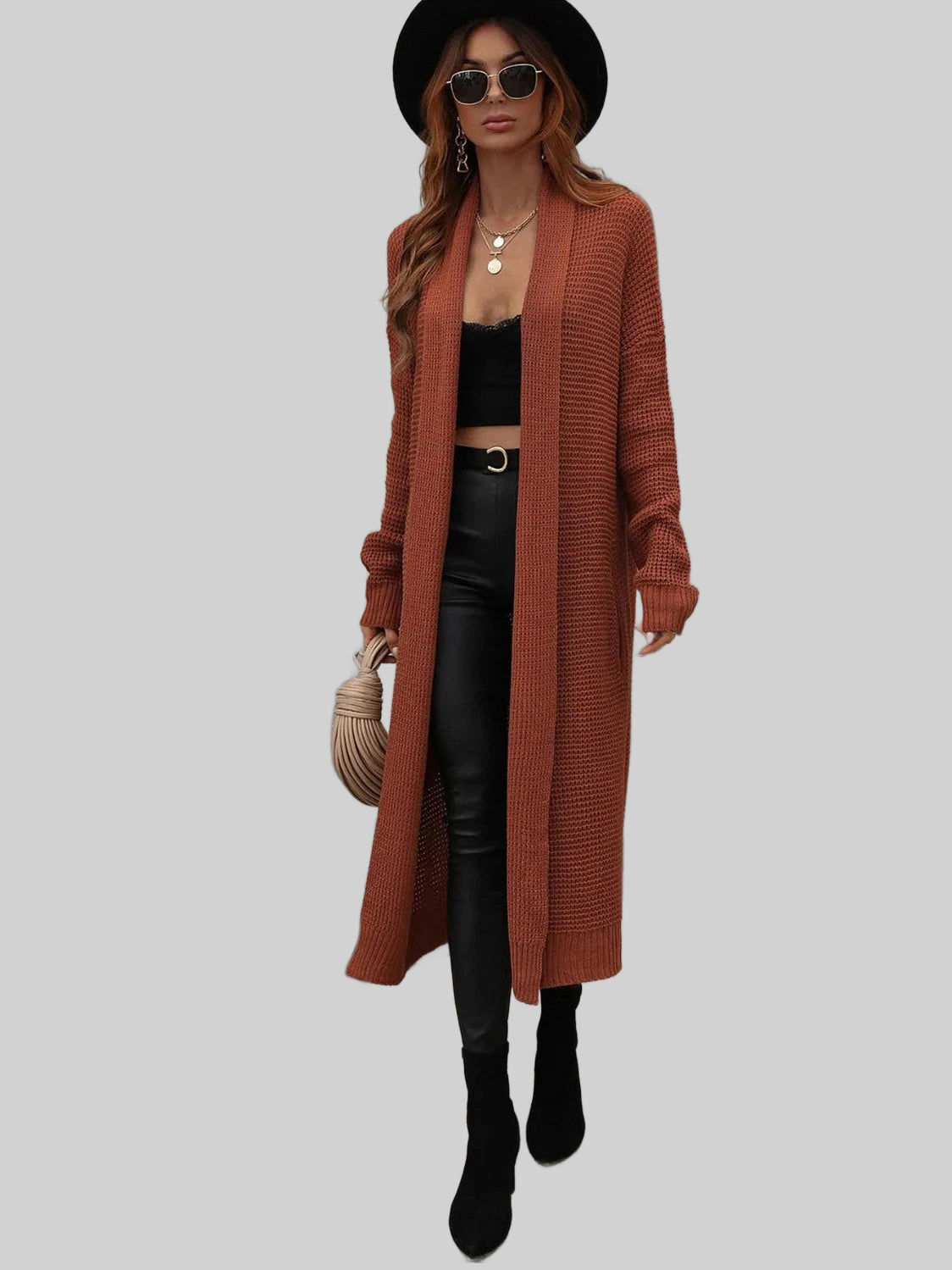 Waffle Knit Open Front Duster Cardigan With Pockets nicholesgifts