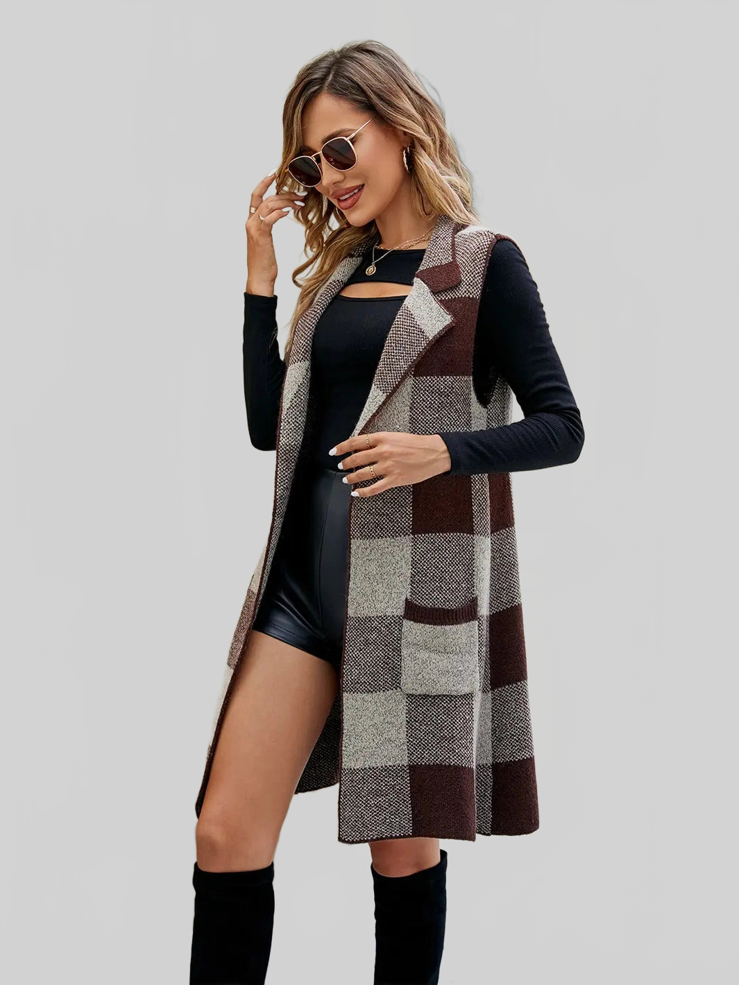 Women Plaid Open Front Sleeveless Cardigan with Pockets nicholesgifts