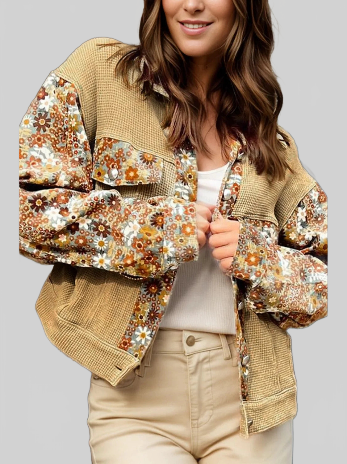 Printed Collared Neck Long Sleeve Jacket nicholesgifts