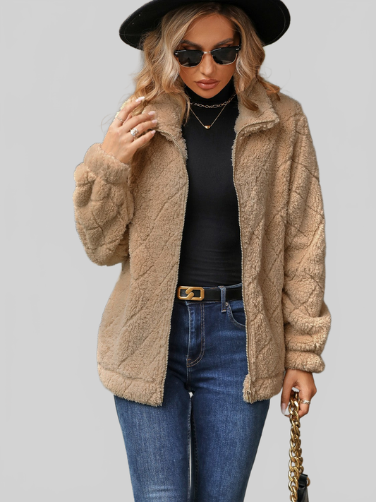 Fuzzy Pocketed Zip Up Jacket NicholesGifts