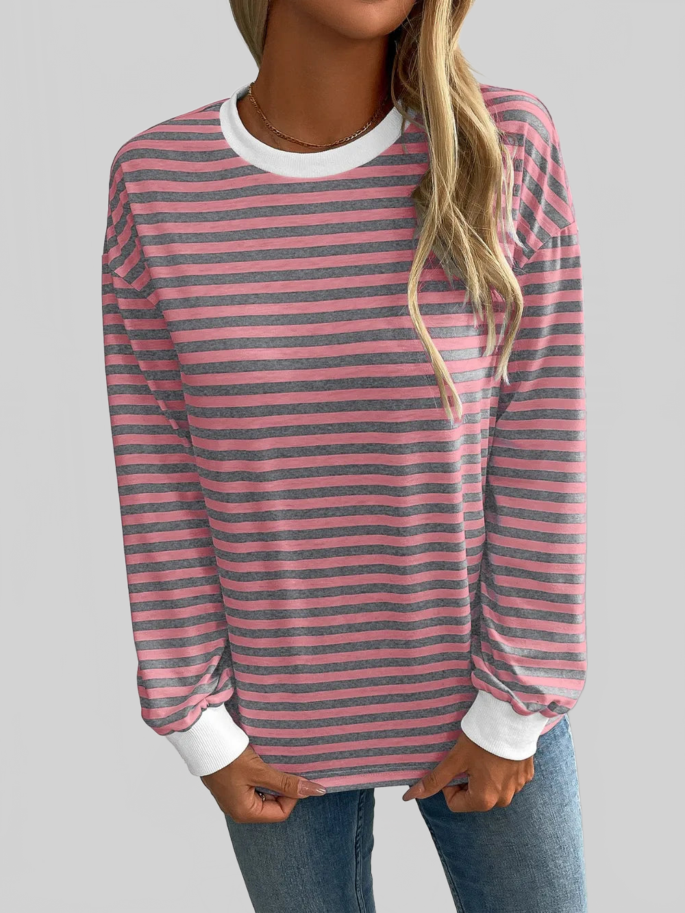 Women Ivy Lane Striped Round Neck Long Sleeve Sweatshirt nicholesgifts