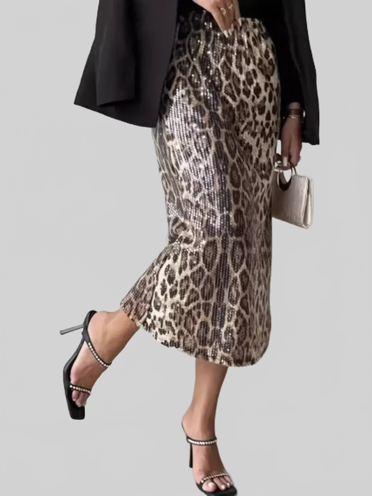 Women Sequin Leopard Midi Skirt nicholesgifts