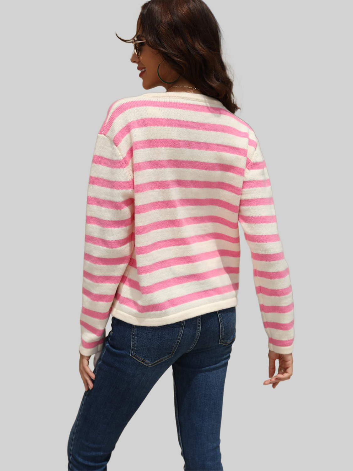 Angel Wings Striped Round Neck Button-Down Dropped Shoulder Cardigan nicholesgifts