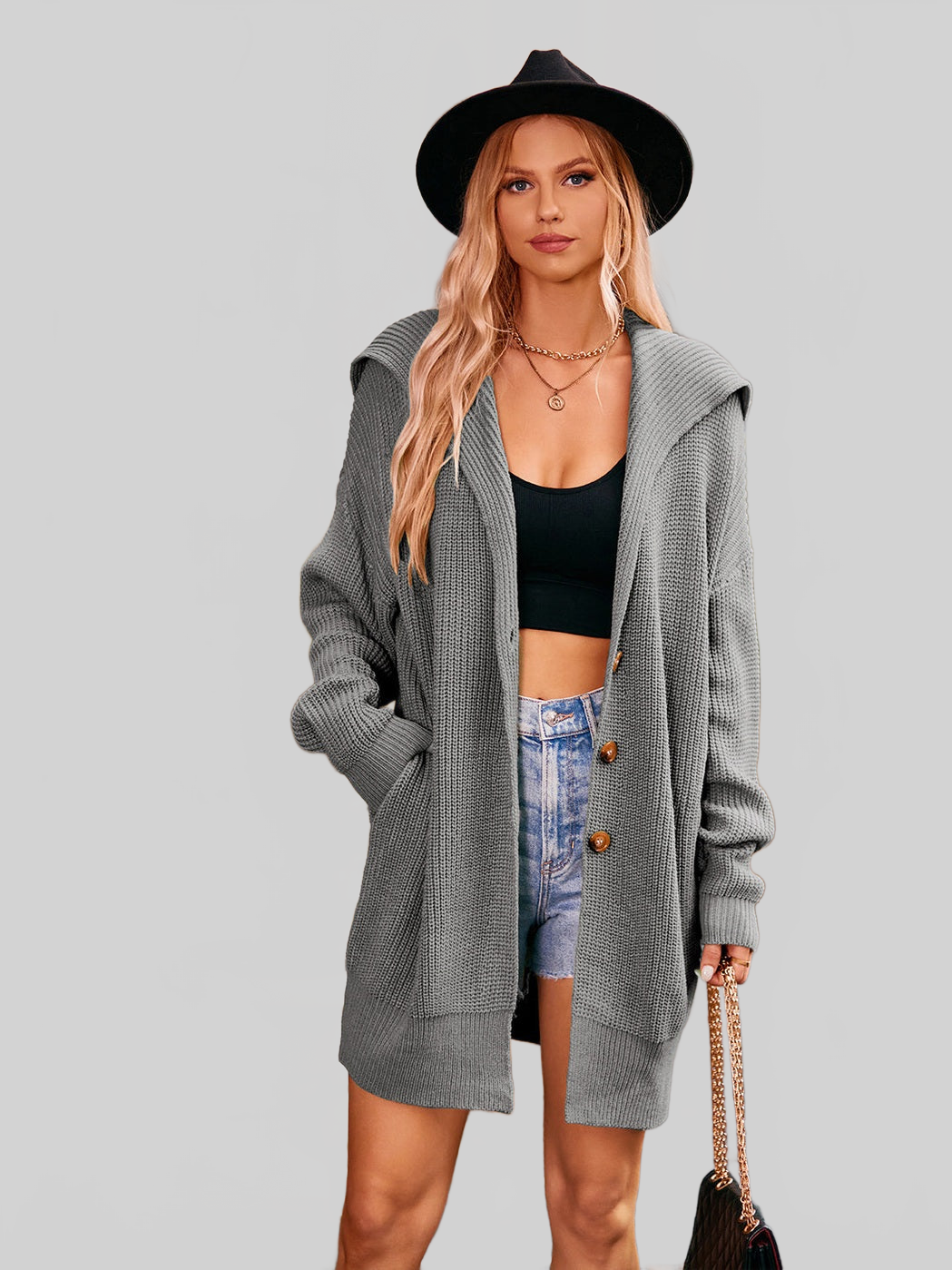 Women Collared Neck Button-Up Cardigan with Pockets nicholesgifts