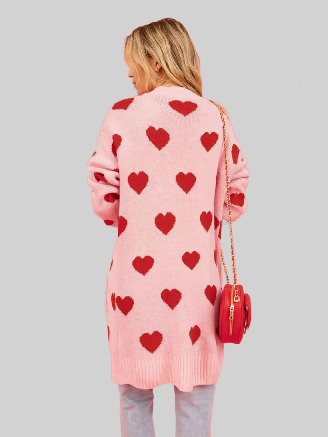 Women Heart Graphic Open Front Cardigan with Pockets nicholesgifts