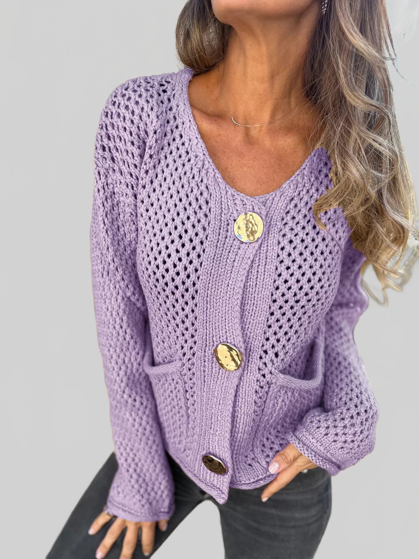 Crochet Button Up Long Sleeve Cardigan nicholesgifts