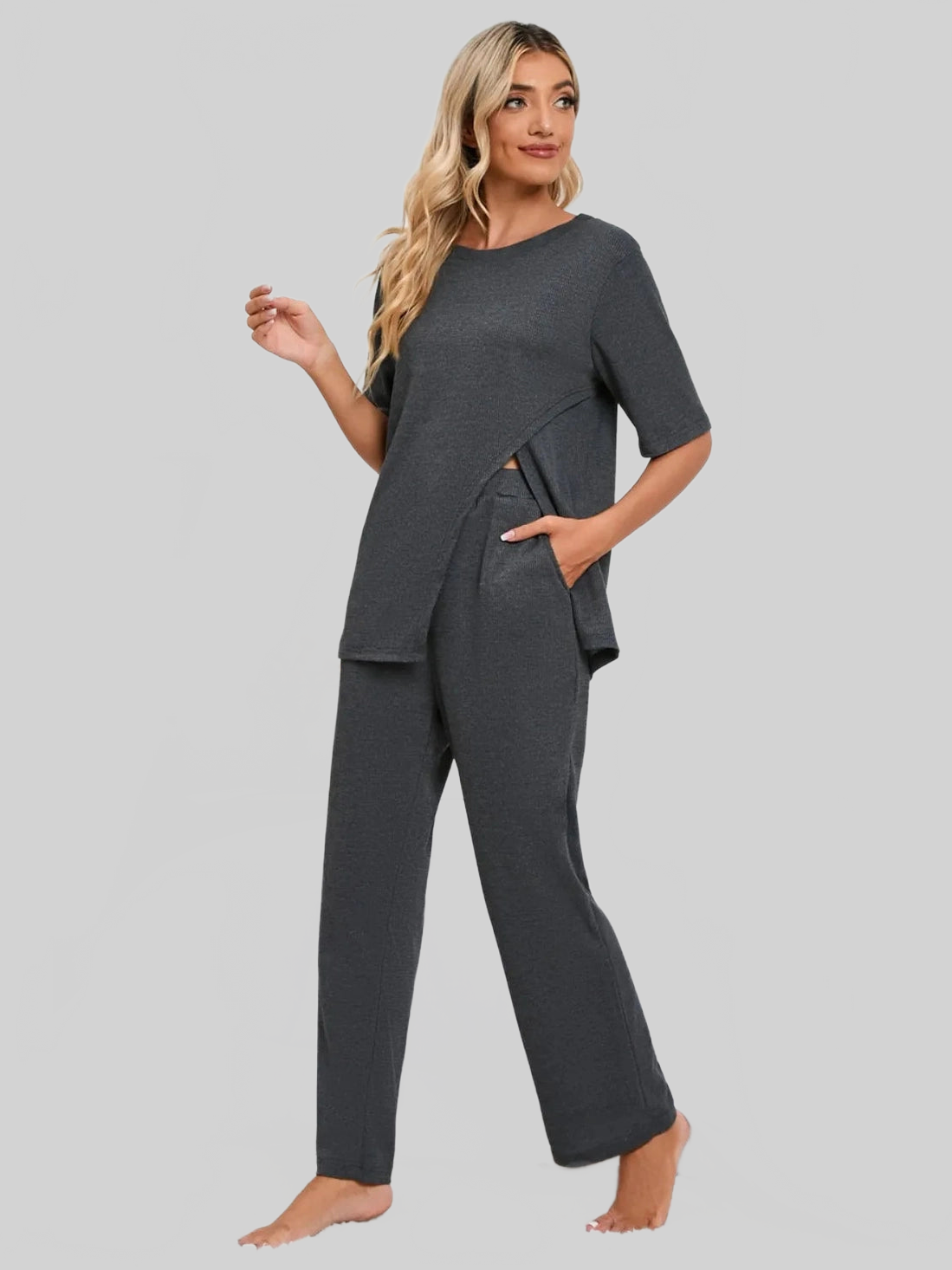 Slit Round Neck Top and Pants Lounge Set nicholesgifts