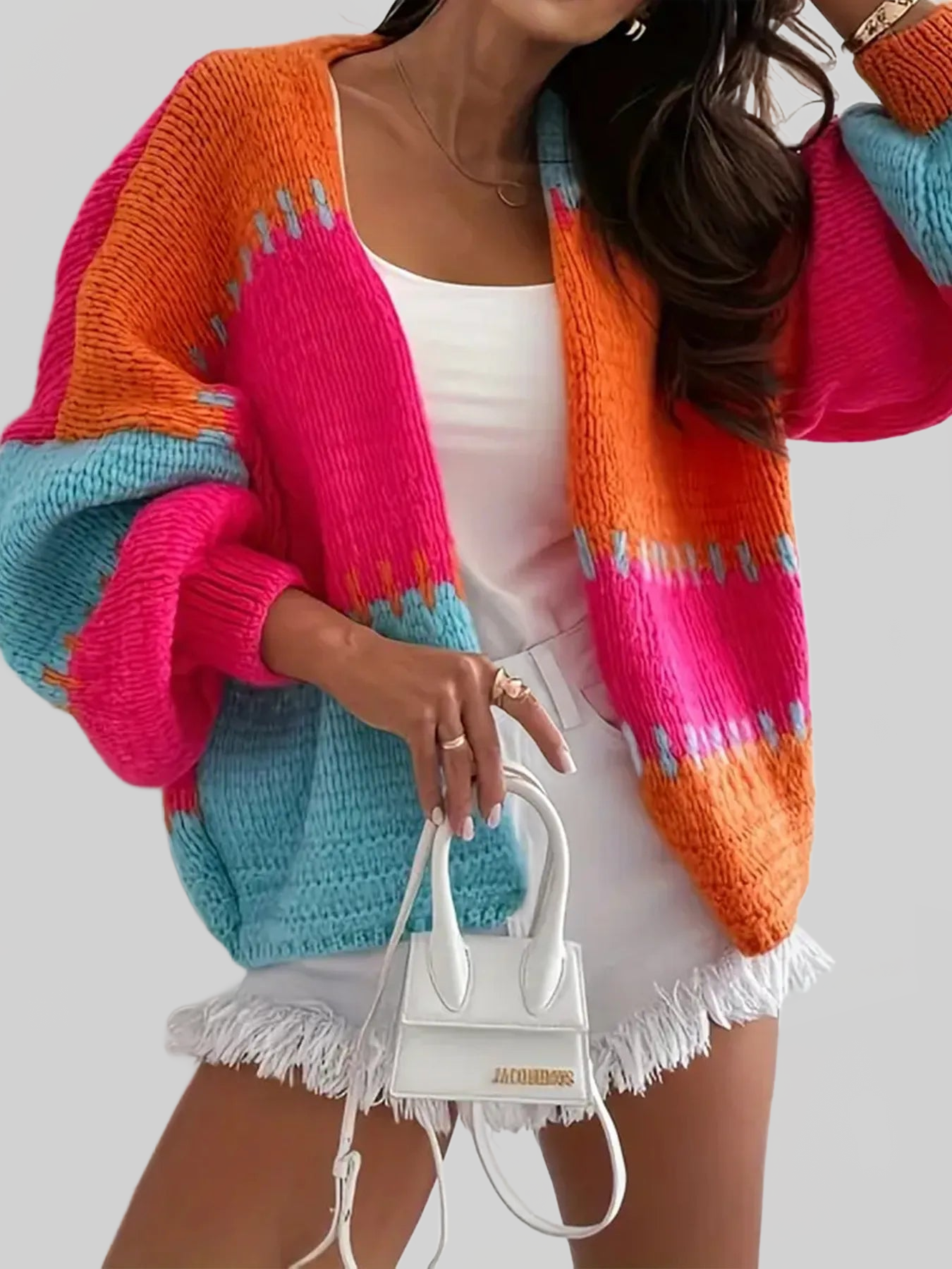 Women Color Block Drop Shoulder Cardigan Sweater NicholesGifts