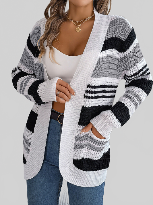 Women Striped Open Front Long Sleeve Cardigan nicholesgifts