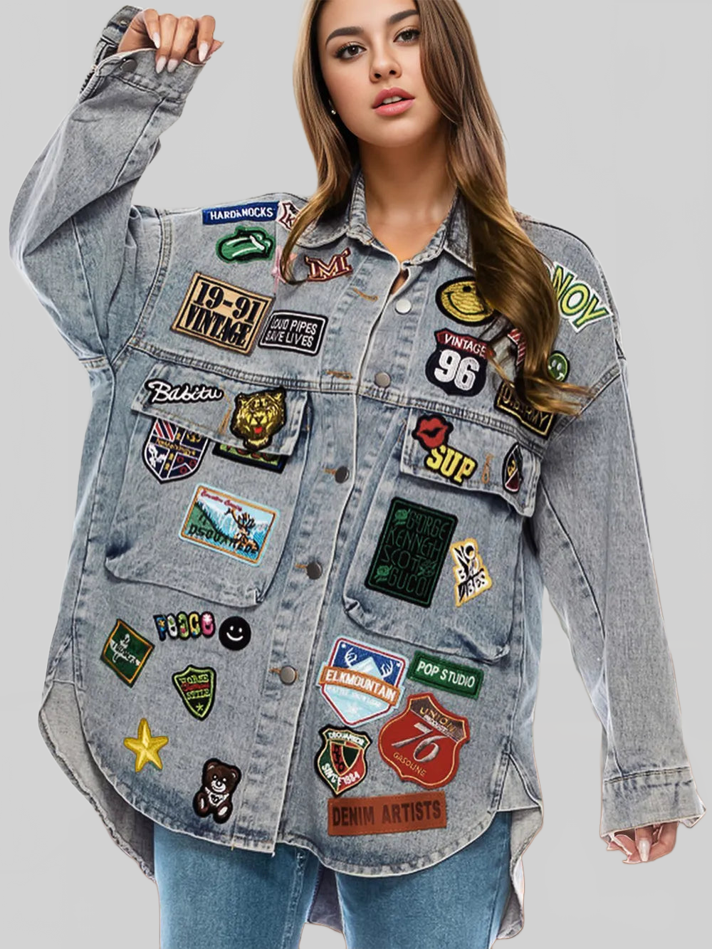 Embroidered Patch Button Up Long Sleeve Denim Jacket nicholesgifts