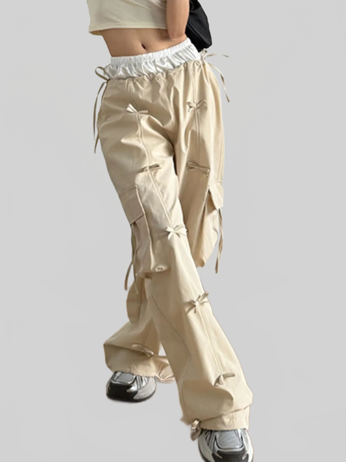 Women Cargo Wide Leg Pants with Bow Tie Details nicholesgifts