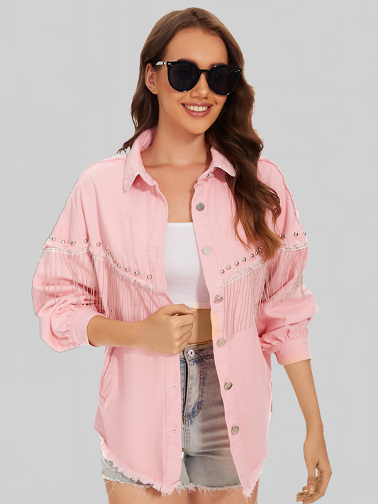 Raw Hem Fringe Detail Denim Jacket nicholesgifts