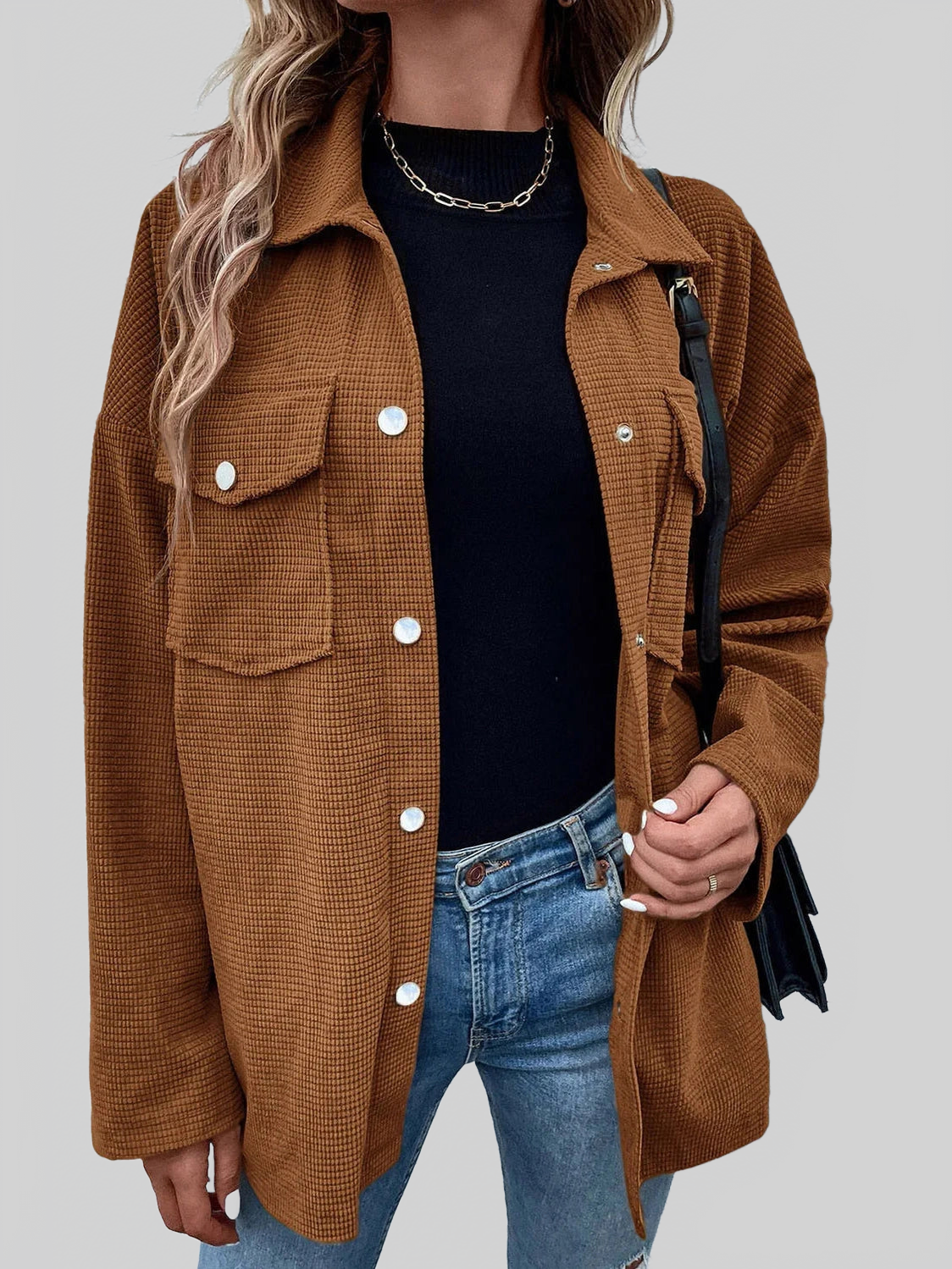 Pocketed Snap Down Long Sleeve Jacket NicholesGifts