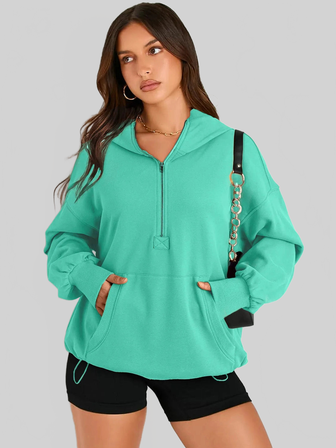 Pocketed Half Zip Long Sleeve Hoodie NicholesGifts