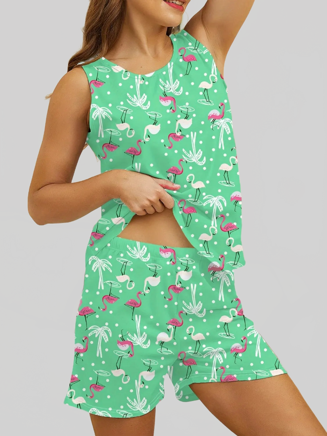 Printed Round Neck Top and Shorts Lounge Set nicholesgifts