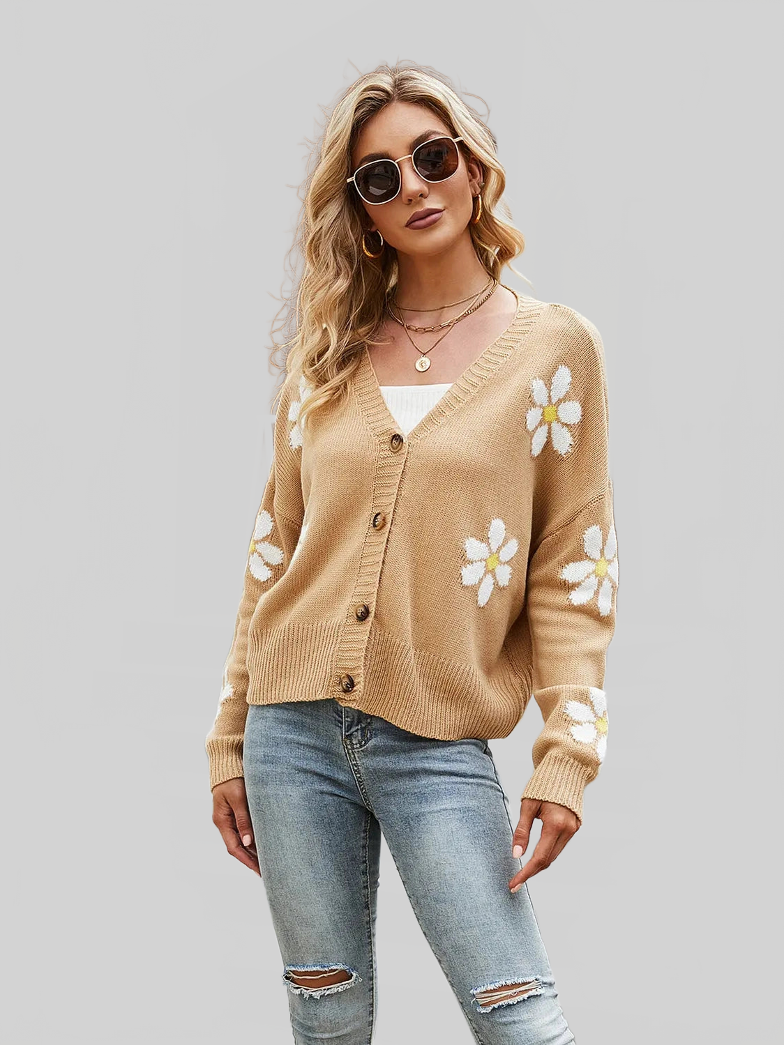 Women Flower Pattern Button Front Cardigan nicholesgifts