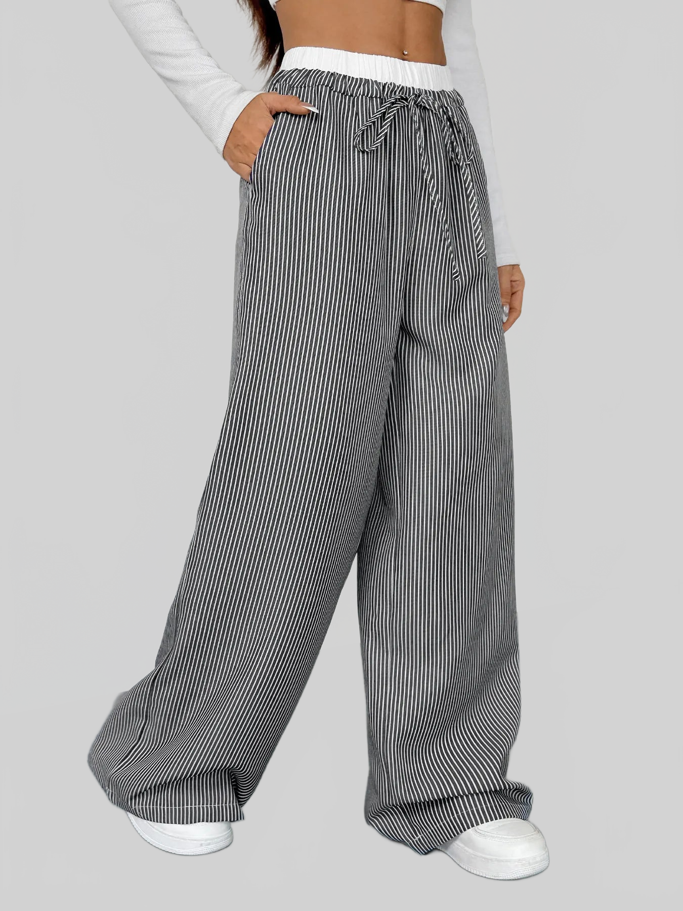 Women Striped Wide Leg Drawstring Pants nicholesgifts