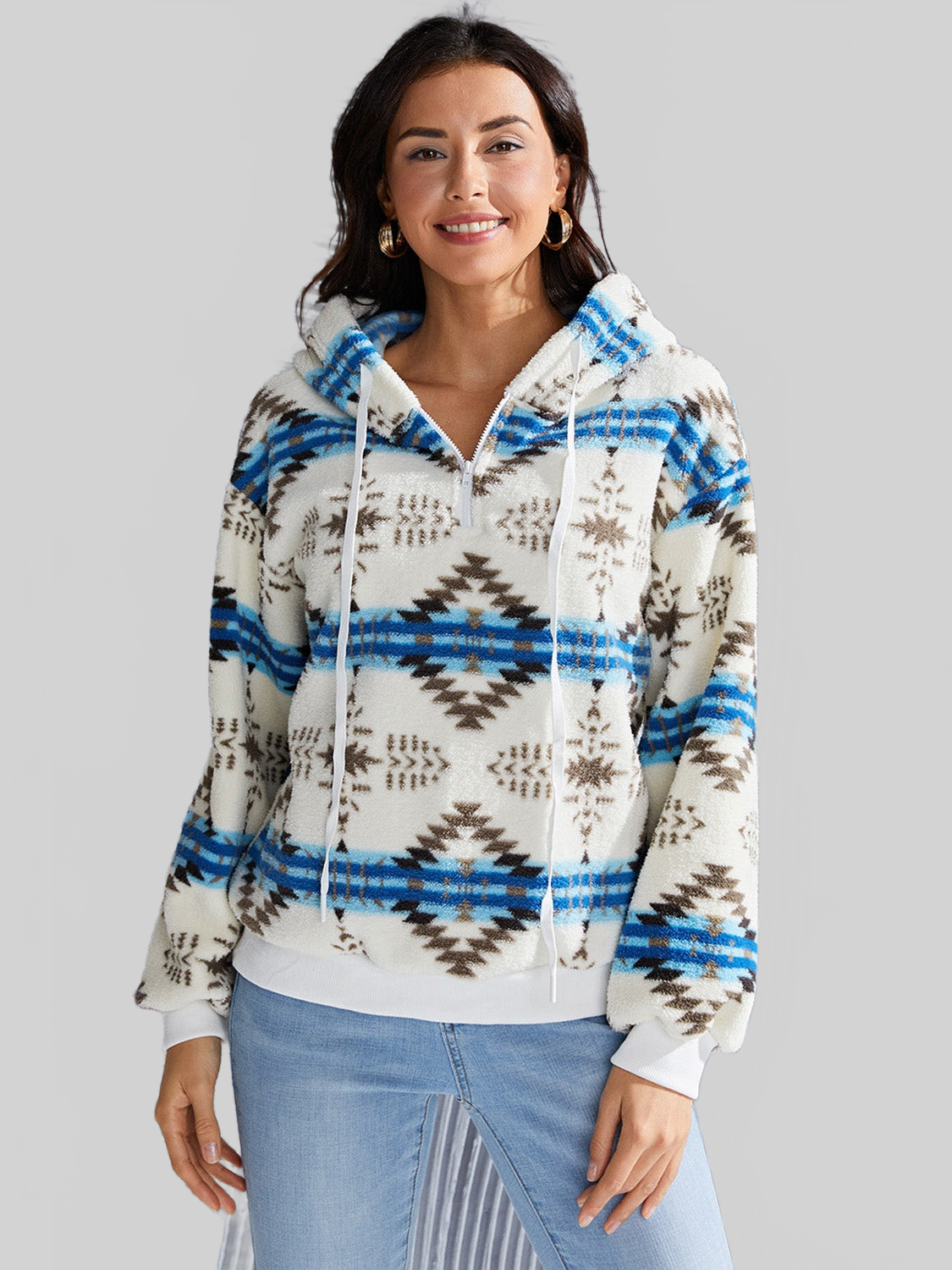 NicholesGifts Women Shiny Geometric Half Zip Drawstring Long Sleeve Hoodie NicholesGifts