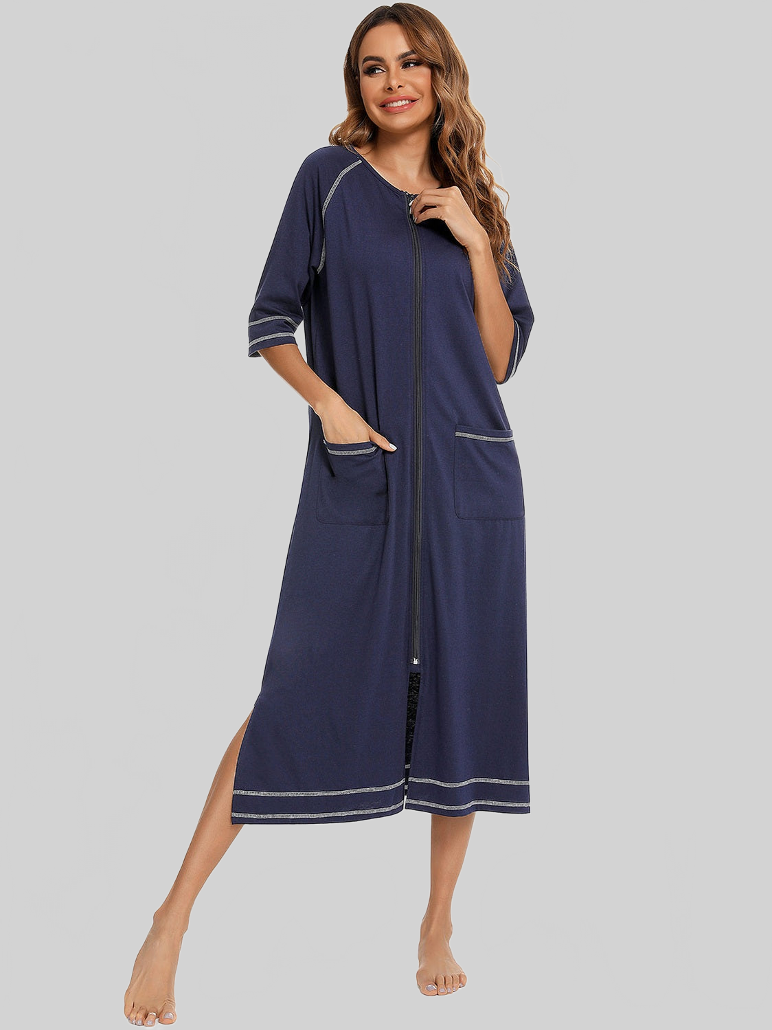 Zip Up Slit Round Neck Night Dress with Pockets nicholesgifts