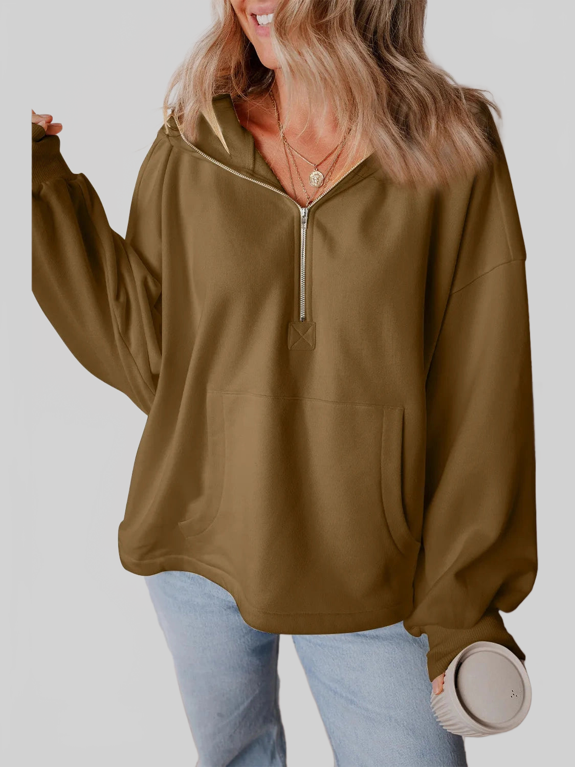 Pocketed Half Zip Dropped Shoulder Hoodie NicholesGifts