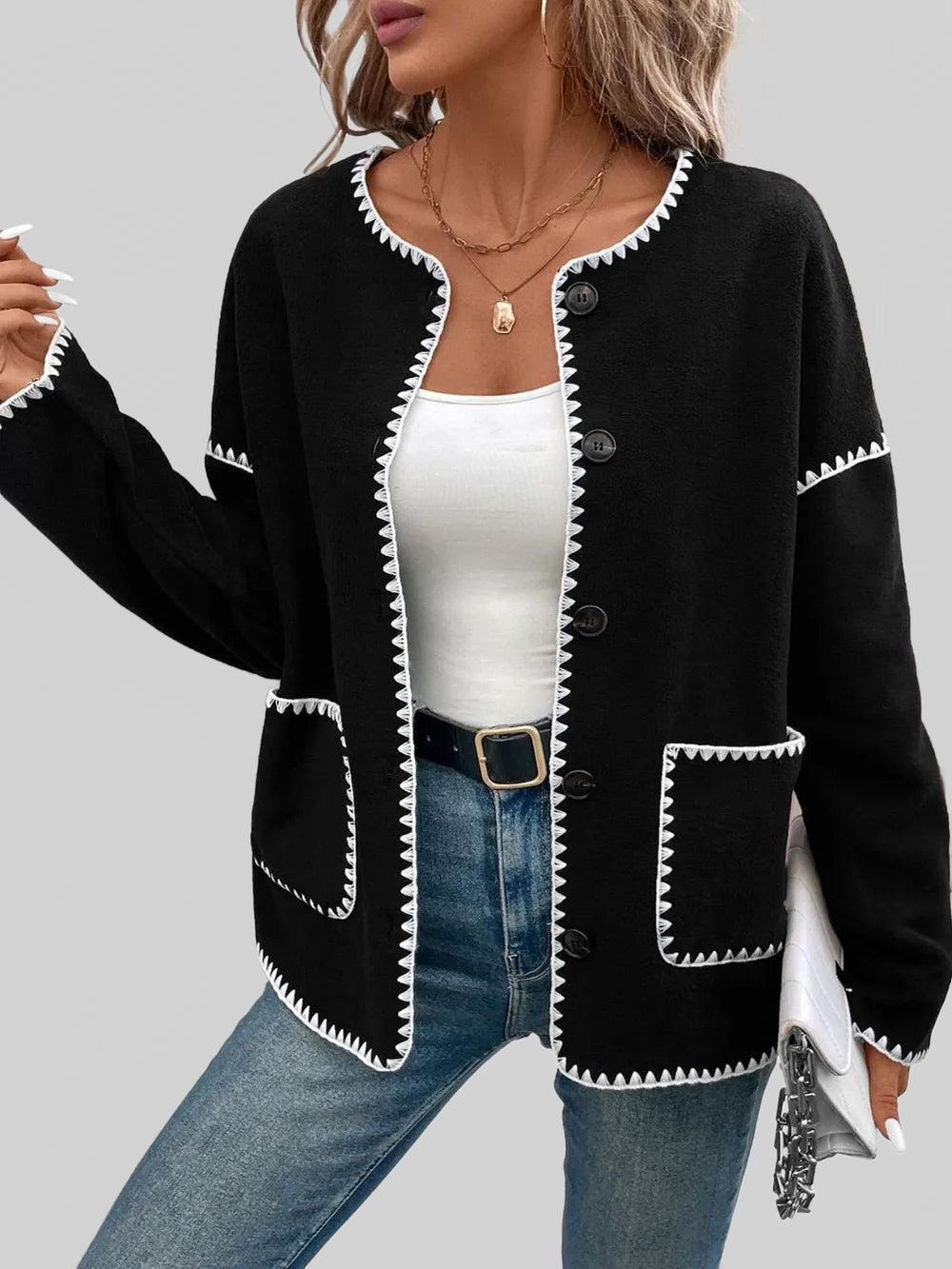 Perfee Pocketed Contrast Button Up Jacket nicholesgifts