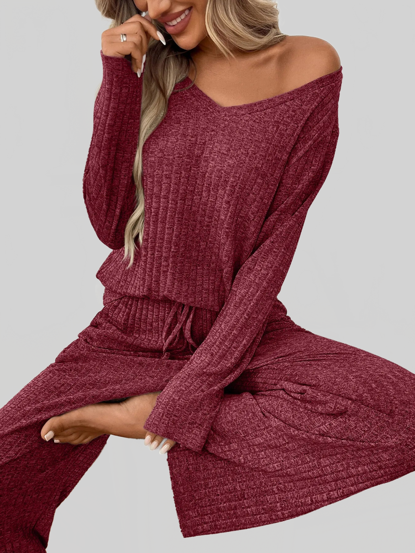Ribbed Long Sleeve Top and Pants Lounge Set nicholesgifts