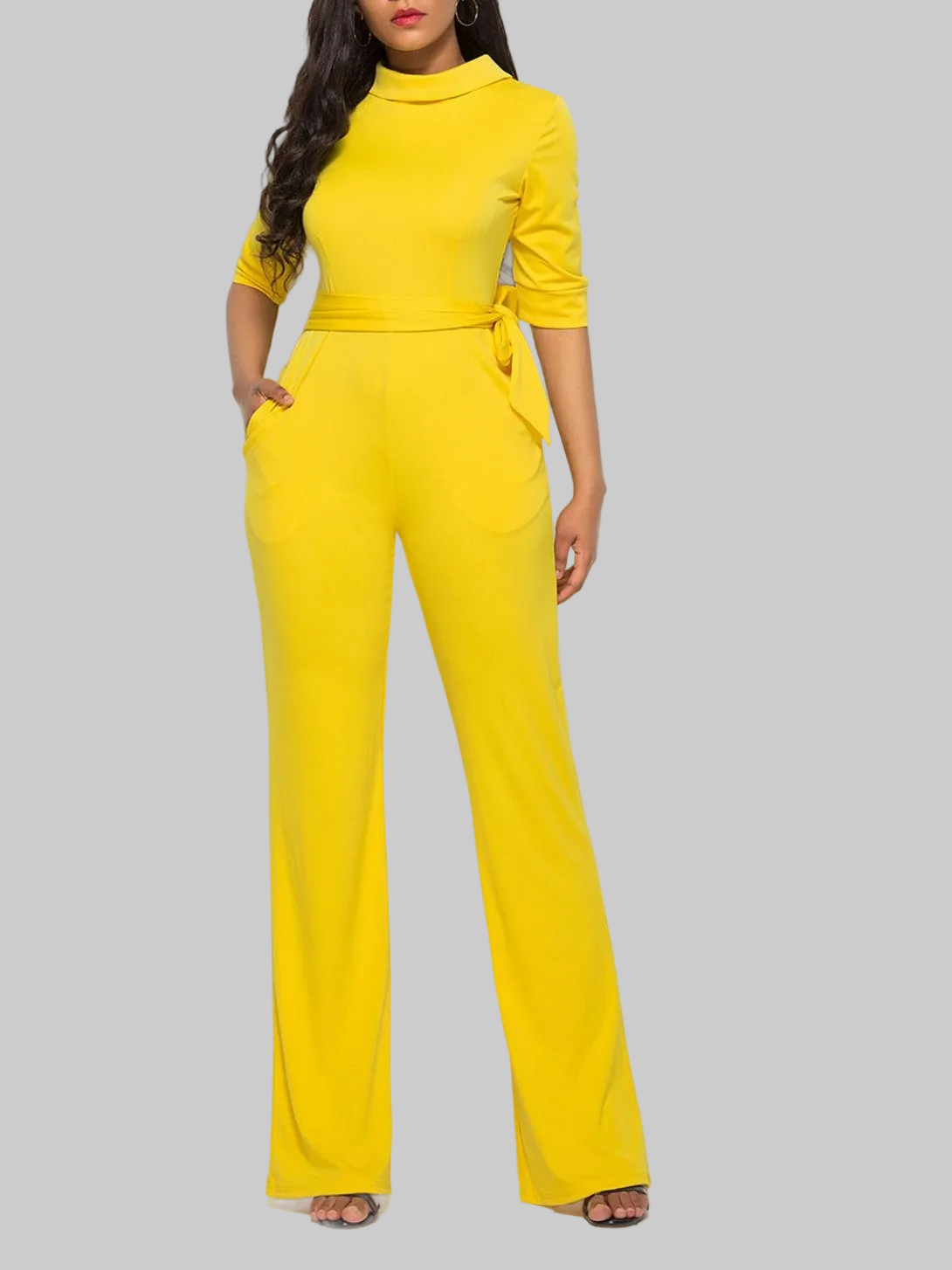 Mock Neck Tie-Waist Half Sleeve Jumpsuit nicholesgifts