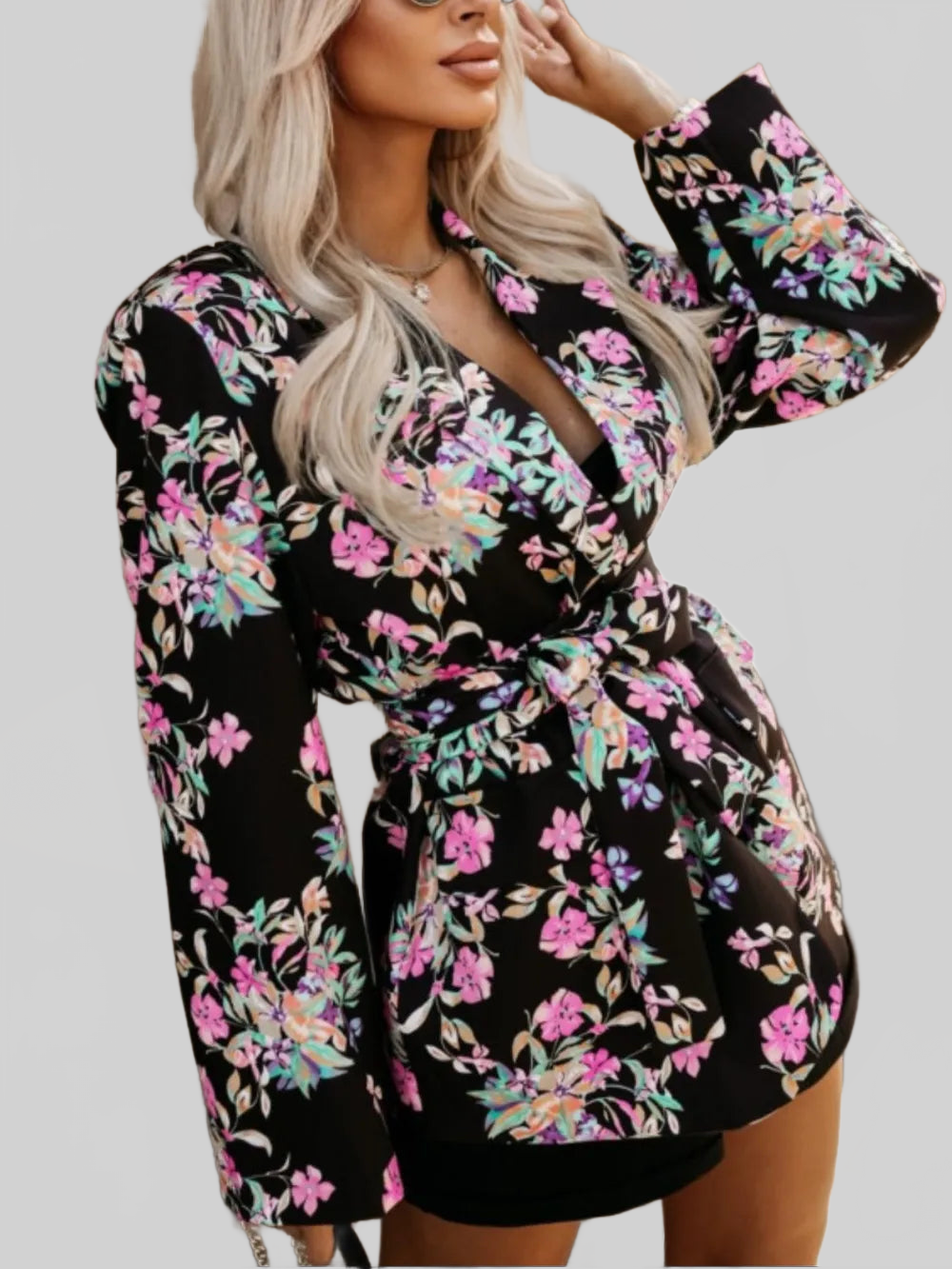 Tied Printed Collared Neck Long Sleeve Jacket nicholesgifts