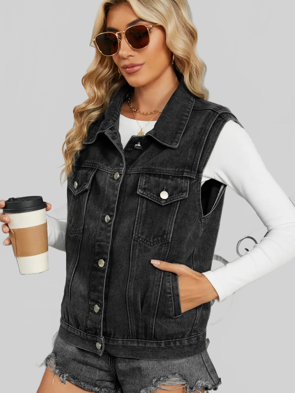 Pocketed Button Up Sleeveless Denim Jacket nicholesgifts