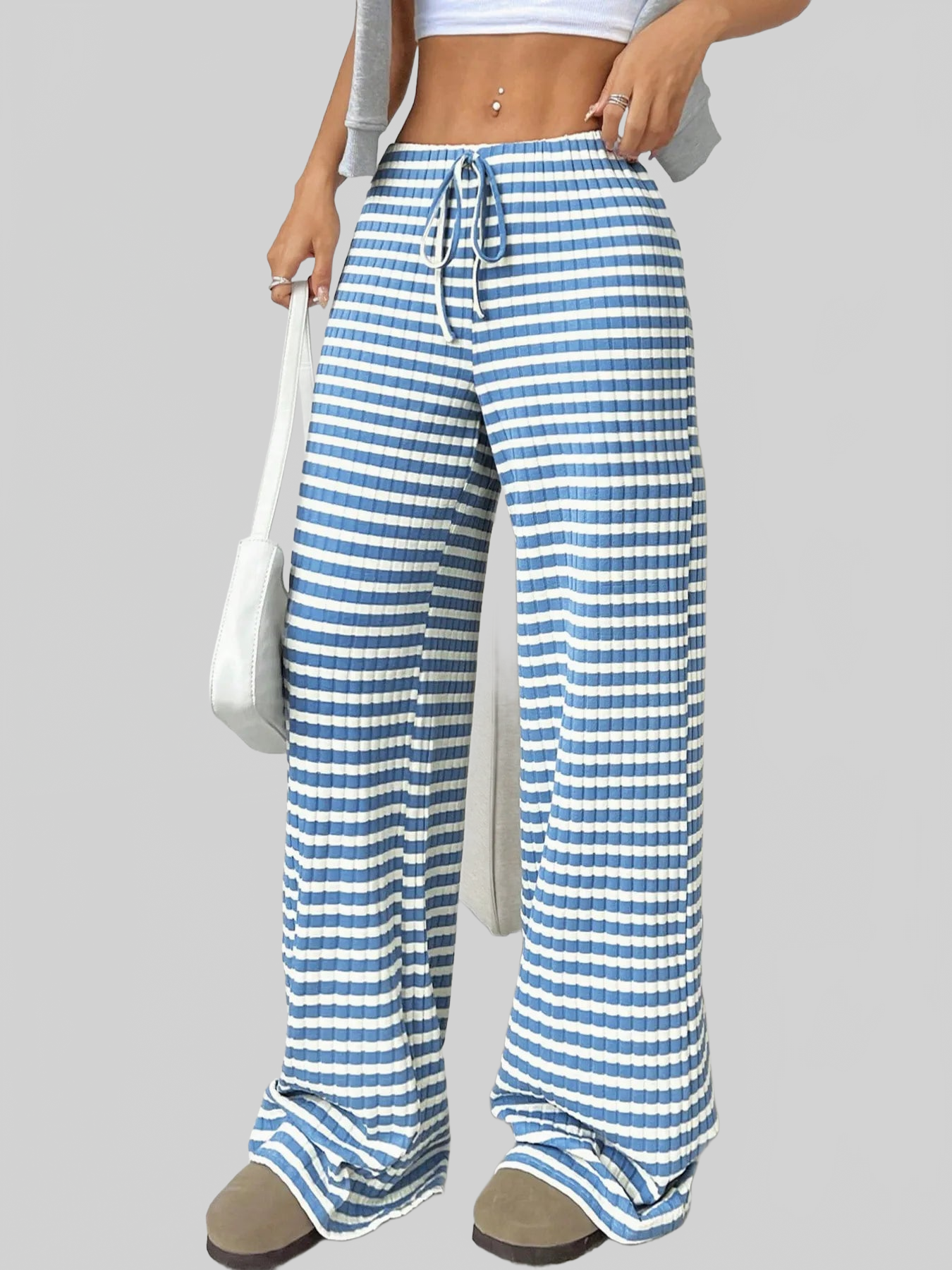 Women Striped Wide Leg Drawstring Pants nicholesgifts