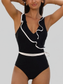 Women Ruffle Trim V-Neck One-Piece Swimsuit nicholesgifts