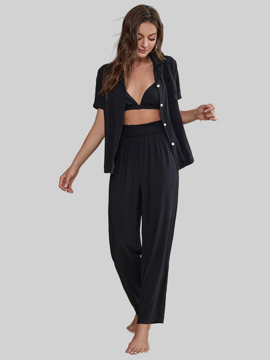 Short Sleeve Shirt, Bralette, and Pants Lounge Set nicholesgifts