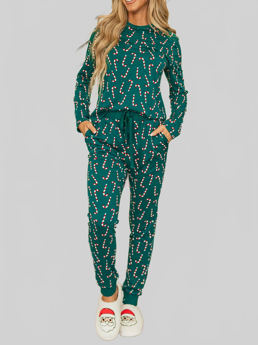 Candy Cane Print Round Neck Top and Pants Lounge Set nicholesgifts